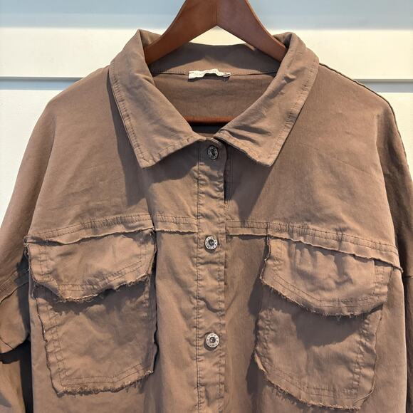 Rock & Roll Shirt Womens XL Brown Shacket Oversized Frayed Hem Made in Italy - Picture 4 of 11